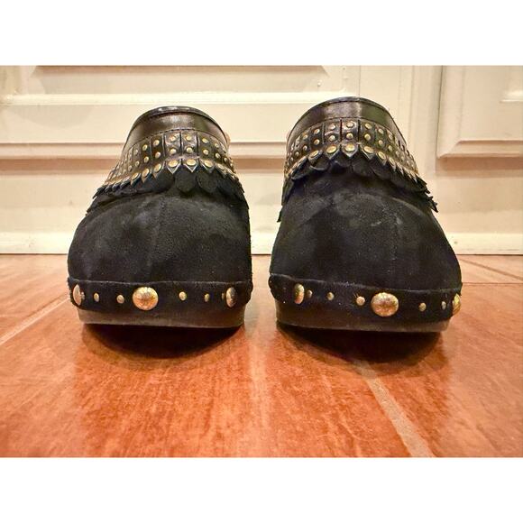 Isabella Fiore Black Suede Fringe Studded Wooden Heels Women’s Size 8 - Picture 4 of 14